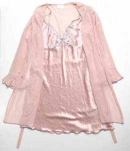 Baby Pink Lilac Satin Lingerie Slip Nightgown w/ Floral  Fairy Chiffon Robe S M - Picture 1 of 24