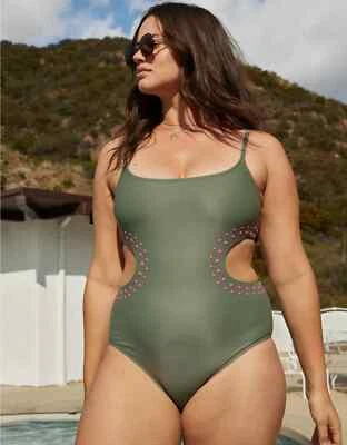 Maiô Aerie Cut Out cobertura total peça única X-GRANDE verde oliva pontos levantados - Imagem 1 de 4