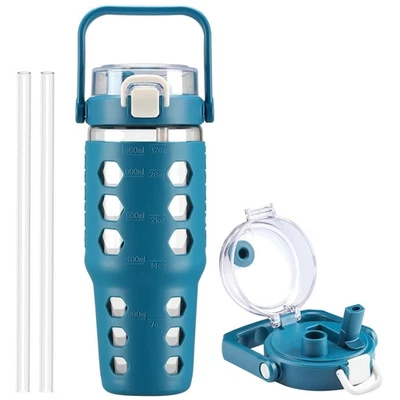 Vaso de vidrio de 32 oz con marcador de tiempo - elegante y a prueba de fugas acero azul Foto 1 de 4