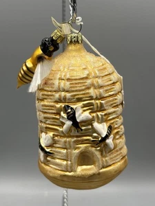 HONEY BEE & BEEHIVE HAND BLOWN GLASS 2 PC CHRISTMAS TREE ORNAMENT GERMANY - Picture 1 of 10