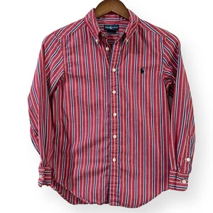 Vintage Ralph Lauren Boys M 10-12 Red White Blue Striped Button Up Shirt Pony - Picture 1 of 6