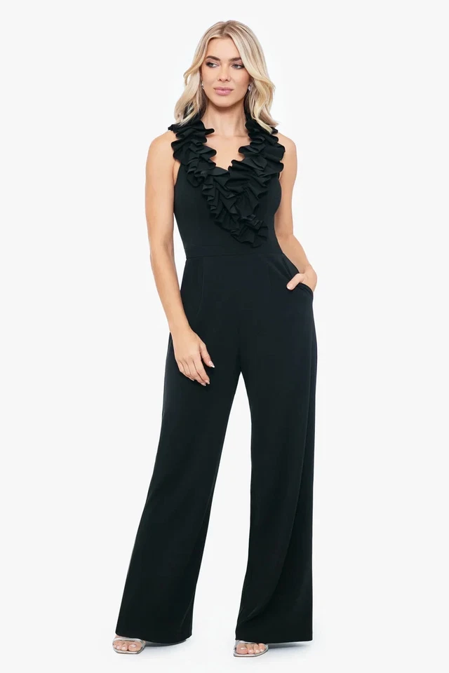 Xscape Black Ruffle Neck Scuba Crepe Jumpsuit Size 10 $228 - Image 1 of 3