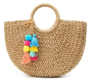 Womens Large Straw Beach Tote Bag Hobo Summer Handwoven Bags Purse wth Pom Poms - Picture 1 of 6