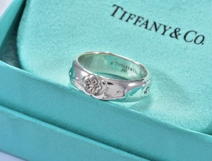 Size 5 Tiffany & Co Sterling Silver Rose Flower Band Ring 6mm in Pouch Nature - Picture 1 of 5