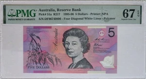 Australien 5 Dollars Polymer 1995-96 PMG 67 EPQ Pick 51a Four Diagonal White Line - Bild 1 von 2