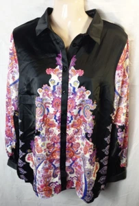 Women Black Silk Collared Blouse with Pink Floral Print Long Sleeves UK12 EU40 - Picture 1 of 2