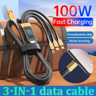 3-in-1 100W 5A Fast Charging USB To Type-C Micro Fast Charger Cable For iPhone - Image 1 of 4