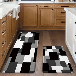 Black Grey Kitchen Rugs Set of 2 Cushioned Anti Fatigue Kitchen Mats for Floo... - Picture 1 of 7