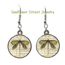 Dragonfly Earrings Music Note Earrings Silver Glass Dome Cabochon Art Print 3116