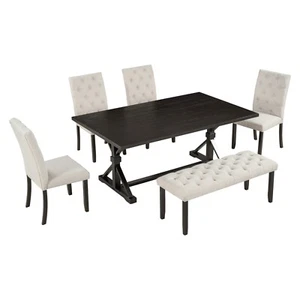 TREXM 6-Piece Farmhouse Dining Set: 72" Table, 4 Chairs, Bench - Picture 1 of 12