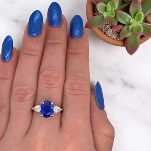 Oval Cut Blue Sapphire Diamond Ring 4.80 Ct Lab Grown 14k White Gold Wedding - Picture 1 of 11