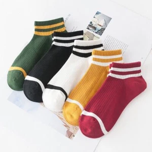 5 Pairs Striped Sports Ankle Girl Casual Classic Soft Cotton Women Low Cut Socks - Picture 1 of 8