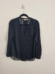 SUSSAN size 10 black sheer lace v neck long sleeve chiffon blouse polyester - Picture 1 of 7