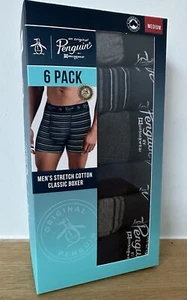 Penguin Men's 6 Pack Stretch Cotton Boxer Shorts Medium - Navy, Grey & Striped - Picture 1 of 3