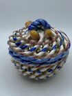 Made in Spain Ceramic Woven Basket Hand Painted Floral Trinket Box with Lid 