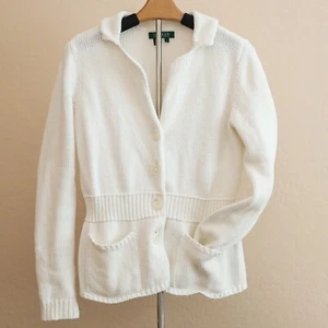 Lauren Ralph Lauren Cardigan Small White Cotton Collared Front Pockets Sweater - Picture 1 of 12