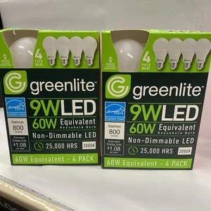 2X 4Pack Greenlite 9W LED 60W non-Dimmable 25,000 Hours Energy Star Light Bulbs - Picture 1 of 6