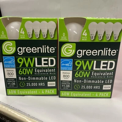 2X 4Pack Greenlite 9W LED 60W non-Dimmable 25,000 Hours Energy Star Light Bulbs - Image 1 of 4