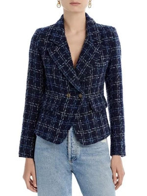 Blazer de tweed exclusivo para mujer AQUA solapa con muescas dos botones en azul talla XS Foto 1 de 4