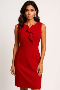 Tahari Arthur Levine Sheath Dress 14P Red Sleeveless Ruffle Linen Zip Womens - Picture 1 of 12