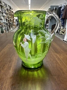 Mary Gregory Style Green Glass Glass Jug 7 1/2 Inches - Picture 1 of 8