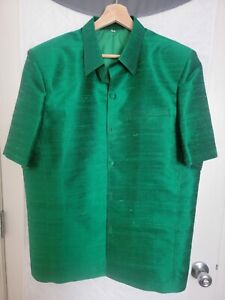 Men's Traditional Thai Shirt Silk Formal Dress Emerald Green Long Sleeve XL
