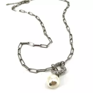 Ann Taylor paper chain link necklace w pearl and pave heart office work dainty - Picture 1 of 5