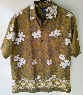 Camisa masculina de manga curta High Sierra verde branca estilo havaiano botão frontal G - Imagem 1 de 4