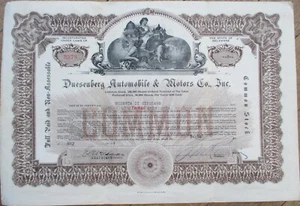 Certificado de stock de Duesenberg Automobile and Motors Company 1924, coche auto moto - Imagen 1 de 1