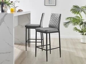 2x Milan Diamond Pattern Faux Leather Grey Bar Stools With Black Legs Set of 2 - Picture 1 of 10