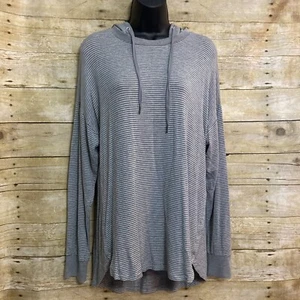 Soft Surroundings Size PL Hooded Top Gray Striped Long Sleeve Knit Hi Lo Hem - Bild 1 von 7