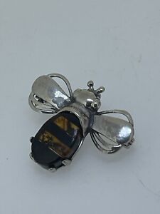 Vintage Natural Stripping Amber Sterling  Silver Bee Insect Brooch Pin
