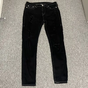True Religion Jeans Womens 31W 30L Black High Waisted Ripped Distressed Stretch - Picture 1 of 15