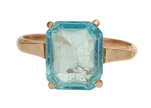 Stunning 9ct Yellow Gold Emerald-Cut Aqua Blue Crystal Ring Size Q 2.44g - Picture 1 of 10