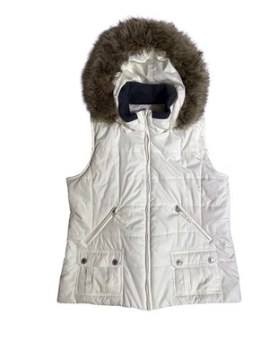 Chaleco acolchado Coldwater Creek marfil sin mangas con capucha recortada de piel extraíble talla L Foto 1 de 4
