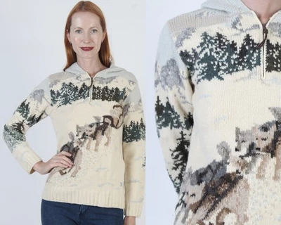 Suéter de lana de invierno vintage años 90 Lauren Ralph Lauren perros de nieve con capucha AOP trineo S Foto 1 de 4