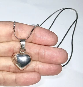 Vintage Sterling Silver Puffy Heart Jingle Chime Pendant 24” Necklace Mexico - Picture 1 of 5