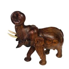 Large 10 in Vintage Solid Wood Elephant Hand Carved Inlaid Tusks Trunk Up