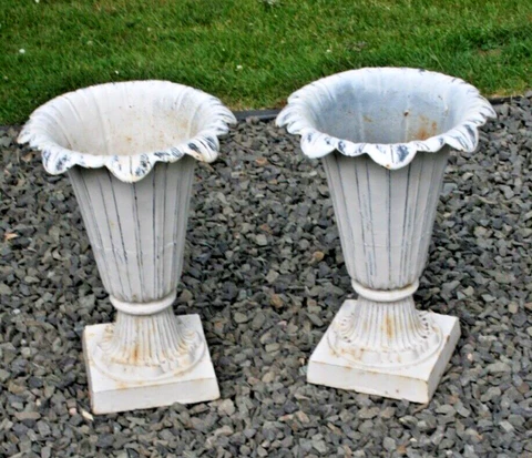 Antique PAIR French cast iron Tulip planter urn 20"H Jardiniere Garden SET of 2 Cover
