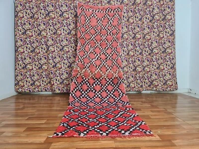 Authentic Vintage Moroccan Boujad Handmade Rug 3ft1x9ft9 Red with White Lozenges - Image 1 of 4