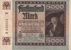 Currency Germany 1922 Reich Banknote Money 5000 Reichsmarks Circulated - Picture 1 of 2
