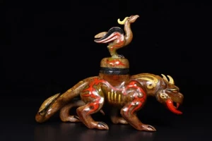 9" Old Dynasty Hetian Jade Painted Dragon Tiger Beast and Phoenix Statue - Picture 1 of 9