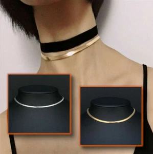 Simple Sexy Gold Silver Plated Shiny Flat Plain Snake Bone Chain Choker Necklace - Picture 1 of 11