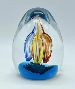Art Glass Paperweight Egg Shaped Controlled Bubble Blue Red Yellow - Picture 1 of 11