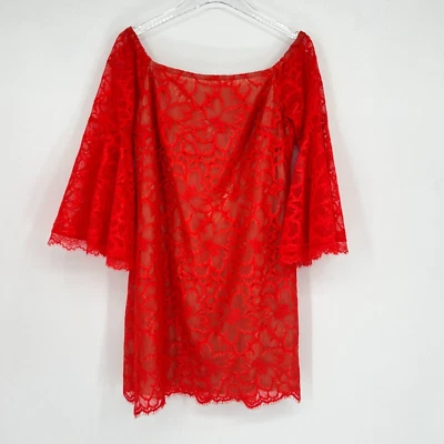 Trina Turk Dress Womens 6 Red Floral Lace Boho Fairy Bell Sleeve Hippie Vibrant - Image 1 of 4