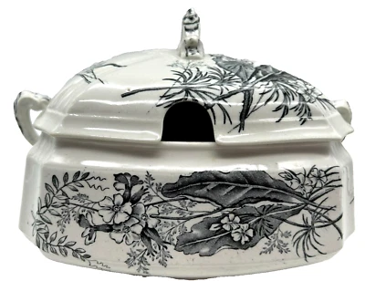 Rare Antique 1890's Ashworth Bros Black White Victoria Pattern Tureen Dish w/Lid - Image 1 of 4