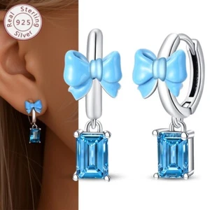 KUNSIR 925 Sterling Silver Dopamine Blue Bow Drop Earrings For Women Jewelry UK - Picture 1 of 6