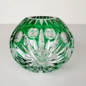 VTG Emerald Green Cut to Clear Crystal Bowl Vase Kusak Western Germany Stunning - Picture 1 of 10