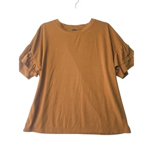 Women's Ruffle Sleeve Top Size Large Caramel Brown Casual Blouse Trendy Fashion - Picture 1 of 7