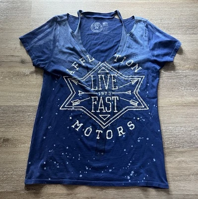 Camiseta Affliction Azul Para Mujer Talla L Live Fast Gráfico Manga Corta Cuello en V Foto 1 de 4